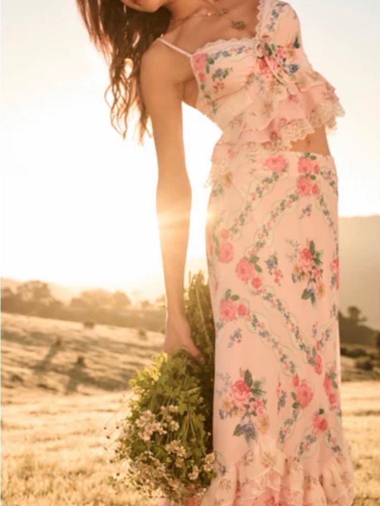 Romantic Floral Maxi Skirt Set Lace Trim